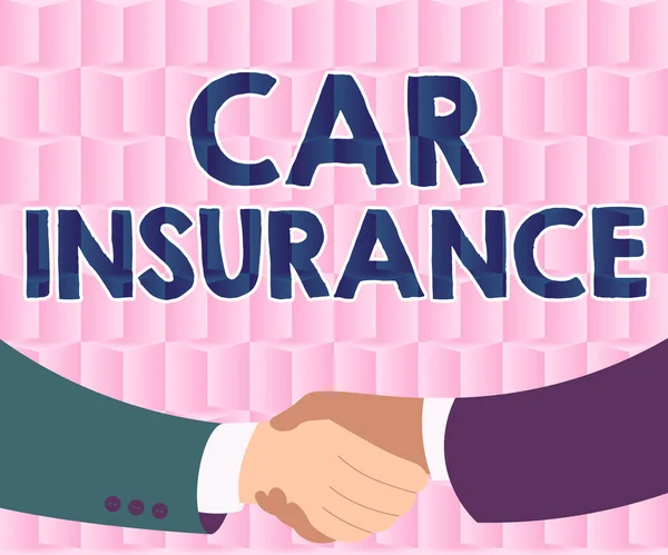 Text sign showing Car Insurance. Business showcase Accidents coverage Comprehensive Policy Motor Vehicle Guaranty Two Men Drawing With Paper Background Shake Hands Presenting Agreement — Stock Photo, Image