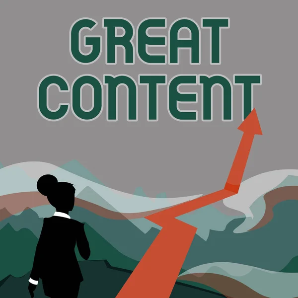Text sign showing Great Content. Business approach Satisfaction Motivational Readable Applicable Originality Lady Walking Towards Mountains With An Arrow Marking Success — 图库照片