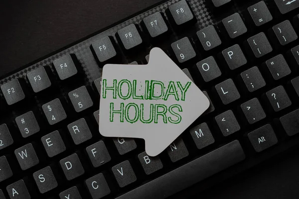 Writing displaying text Holiday Hours. Conceptual photo Schedule 24 or7 Half Day Today Last Minute Late Closing Abstract Typing Online Invitation Letters, Fixing Word Processing Program — стоковое фото
