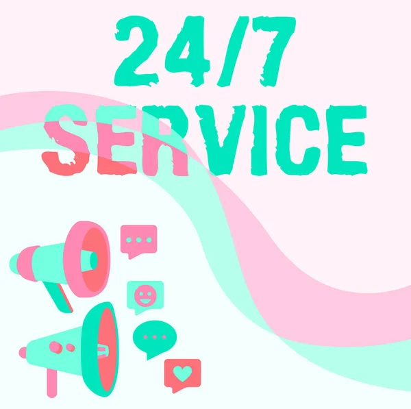 Hand writing sign 24 Or 7 Service. Internet Concept Always available to serve Runs constantly without disruption Illustration Of Hand Holding Megaphone With Sun Ray Making Announcement. — Stock Photo, Image