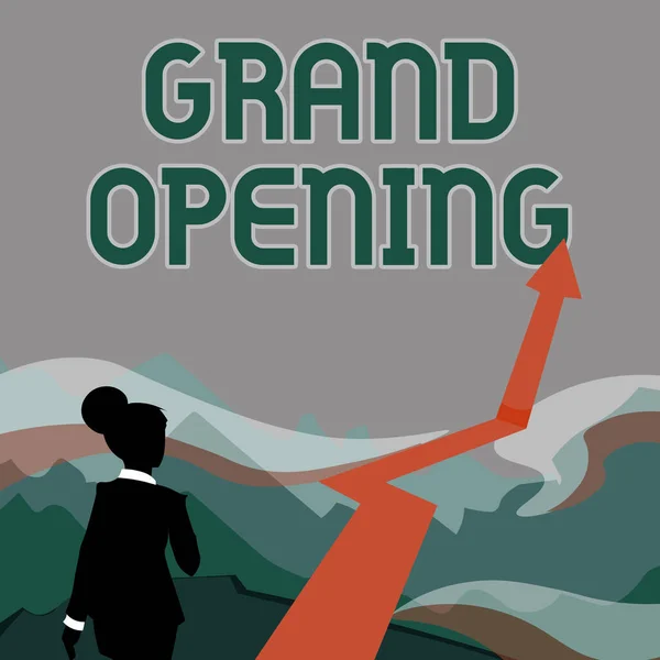 Writing displaying text Grand Opening. Internet Concept Ribbon Cutting New Business First Official Day Launching Lady Walking Towards Mountains With An Arrow Marking Success — Stockfoto