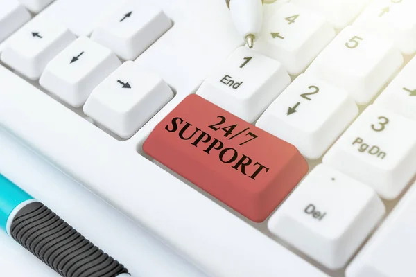 Hand writing sign 24 Or 7 Support. Conceptual photo Giving assistance to service whole day and night No downtime Typing Product Ingredients, Abstract Presenting Upgraded Keyboard — Stock Photo, Image