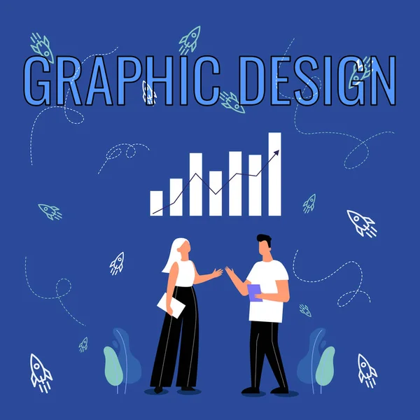 Hand writing sign Graphic Design. Word Written on art or skill of combining text and pictures in advertisements Illustration Of Partners Sharing Wonderful Ideas For Skill Improvement. — Foto Stock