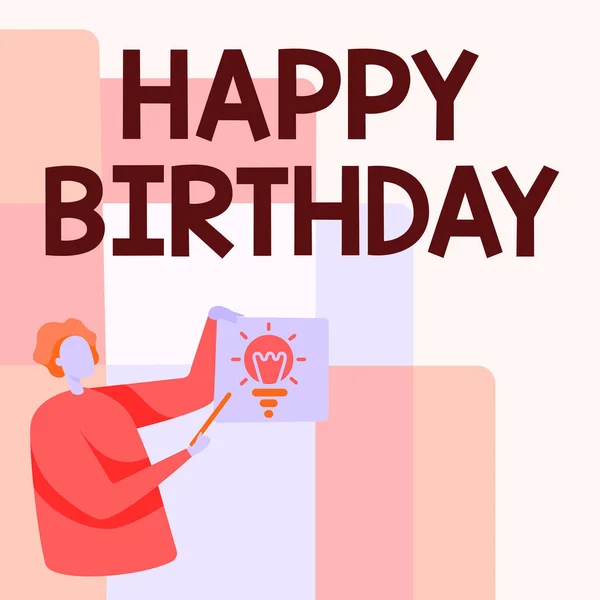 Handwriting text Happy Birthday. Conceptual photo The birth anniversary of a person is celebrated with presents Man Standing Holding Paper With Glowing Light Bulb While Pointing Stick. — Stock Photo, Image