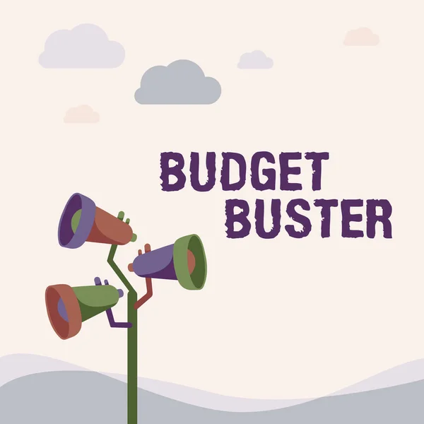Hand writing sign Budget Buster. Conceptual photo Carefree Spending Bargains Unnecessary Purchases Overspending Pole Megaphones Drawing Making Announcement To An Open Space. — Stockfoto