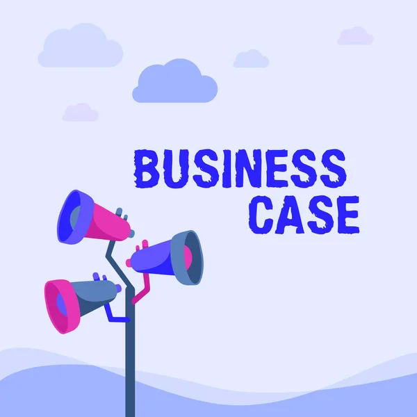 Text showing inspiration Business Case. Business approach Proposition Undertaking Verbal Presentation New Task Pole Megaphones Drawing Making Announcement To An Open Space. — Foto Stock