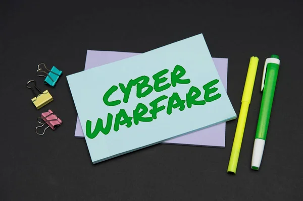 Hand writing sign Cyber Warfare. Word Written on Virtual War Hackers System Attacks Digital Thief Stalker Flashy School Office Supplies, Teaching Learning Collections, Writing Tools, — Stockfoto