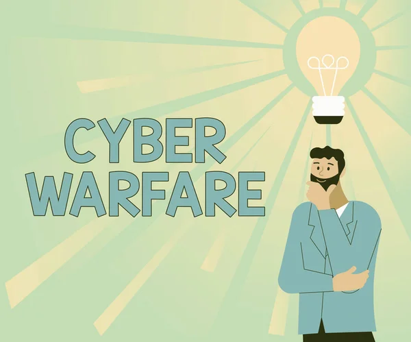 Cyber Hadviselés kijelzése. Üzleti kirakat Virtuális háború hackerek rendszer támadások Digitális tolvaj zaklató illusztrációja egy férfi álló jön az új csodálatos ötletek. — Stock Fotó