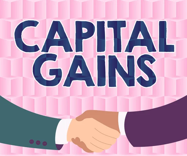 Conceptual display Capital Gains. Word Written on Bonds Shares Stocks Profit Income Tax Investment Funds Two Men Drawing With Paper Background Shake Hands Presenting Agreement — Zdjęcie stockowe