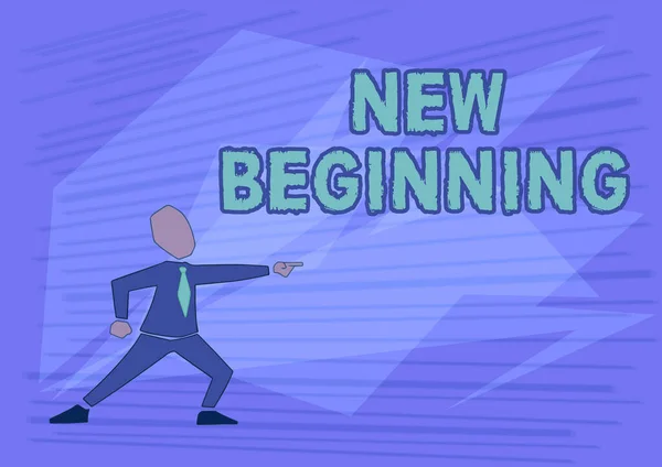 Conceptual caption New Beginning. Business idea Different Career or endeavor Starting again Startup Renew Man In Suit Drawing Pointing Forward Showing Leadership. — Stockfoto