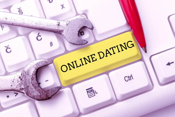 Writing displaying text Online Dating. Concept meaning Searching Matching Relationships eDating Video Chatting Typing Firewall Program Codes, Typewriting Rules And Regulations Book — Stock Photo, Image