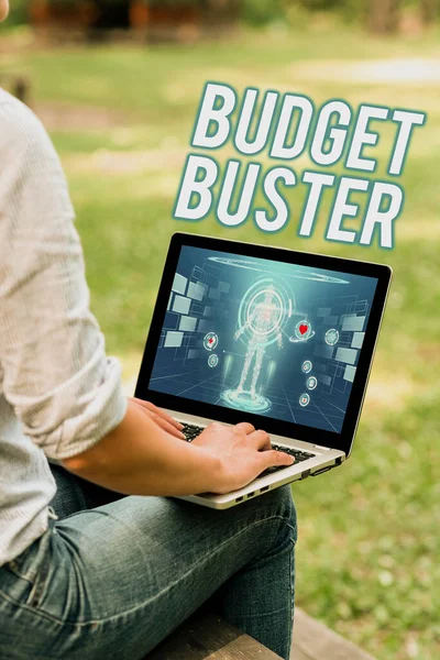 Inspiration showing sign Budget Buster. Business showcase Carefree Spending Bargains Unnecessary Purchases Overspending Woman Typing On Laptop Sitting Outside Side View Working From Home. — Stockfoto