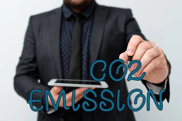 Inspiratie met teken Co2 Emissie. Business idee Vrijgave van broeikasgassen in de atmosfeer na verloop van tijd Presentatie van nieuwe technologie Ideeën bespreken Technologische verbetering — Stockfoto