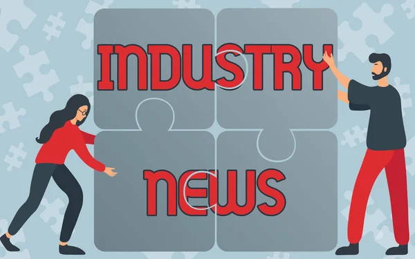 Text caption presenting Industry News. Conceptual photo Technical Market Report Manufacturing Trade Builder Colleagues Drawing Fitting Four Pieces Of Jigsaw Puzzle Together Teamwork. — Stock Fotó