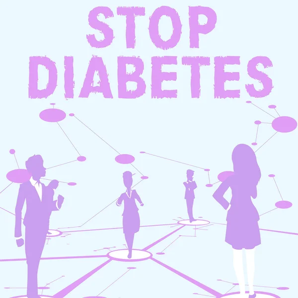 Panneau affichant Stop Diabetes. Concept signifiant que le taux de sucre dans le sang est supérieur à la normale Injecter de l'insuline Plusieurs membres de l'équipe se tenant debout Lignes de pensée connectées séparées sur le plancher. — Photo