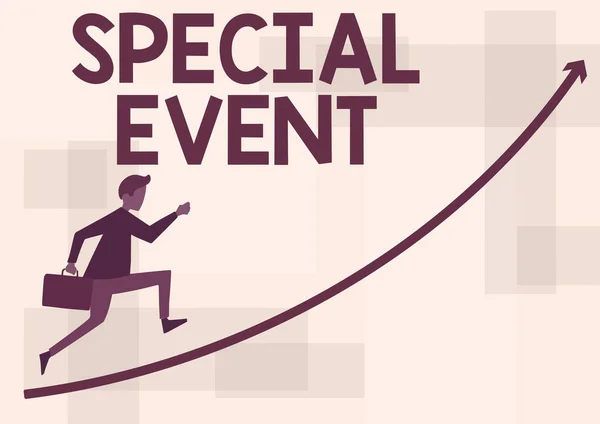 Inspiration showing sign Special Event. Concept meaning Function to generate money for non profit a Crowded Occassion Businessman Running Upward Holding Briefcase With Arrow Pointing Up. — стоковое фото