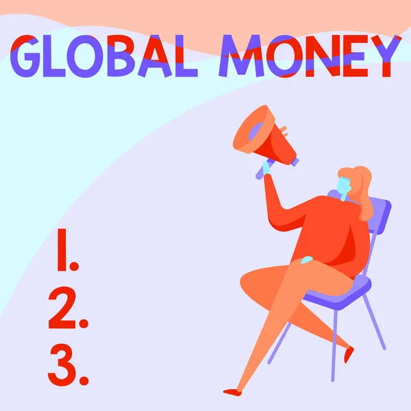 Inspiration showing sign Global Money. Conceptual photo International finance World currency Transacted globally Woman Drawing Holding Megaphone Sitting On A Chair Crossed Legs. — Fotografia de Stock