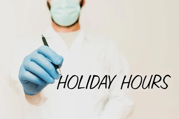 Hand writing sign Holiday Hours. Business approach Schedule 24 or7 Half Day Today Last Minute Late Closing Scientist Demonstrating New Technology, Doctor Giving Medical Advice — 图库照片