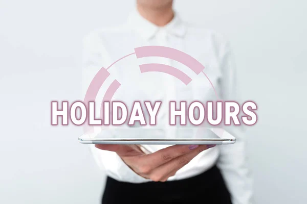 Text caption presenting Holiday Hours. Business idea Schedule 24 or7 Half Day Today Last Minute Late Closing Presenting New Technology Ideas Discussing Technological Improvement — Foto Stock