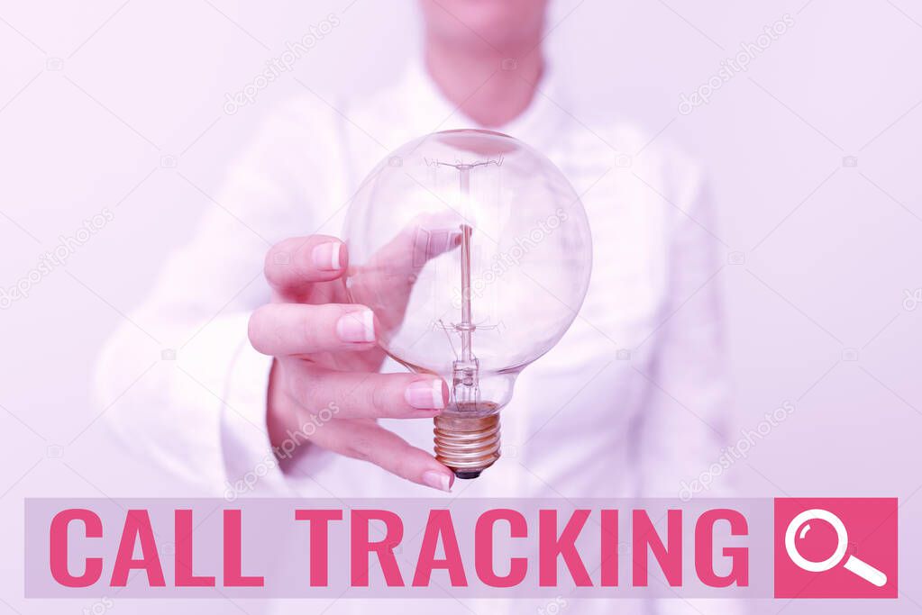 Text showing inspiration Call Tracking. Conceptual photo Organic search engine Digital advertising Conversion indicator Lady in business outfit holding lamp presenting new technology ideas