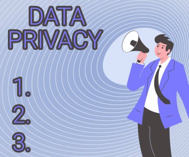 Metin Veri Gizliliği gösterimi yazılıyor. İş dünyası fikri İnternet güvenliği ve web sitesinin dijital koruması ya da bir adamın Megafonu Uzakta Tutarken Görüntünün İniş Sayfası Duyurusu
