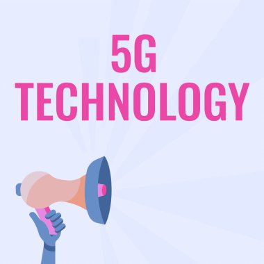 İlham, işaret 5G Teknolojisini gösteriyor. İnternet Konsepti yüksek hızlı mobil internet, yeni nesil kablosuz sistem ağları, Güneş ışını duyurusu yapan El Tutma Megafonu.