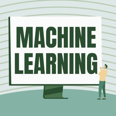 İlham Makine Öğrenme 'yi gösteren metin. İş yaklaşımı bir bilgisayarın kendisi de yeni veriler öğrenebilir. Adam Duran Çizim Geniş Ekran Görüntüleme Haberleri.