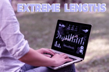 Kavramsal başlık Aşırı Uzunluklar. İş konsepti, daha iyi bir şey yapmak için büyük ya da aşırı çaba harcamak. Latop 'la Tek Başına Parkta oturan Kadın Uzaktan İşlere Başlıyor..