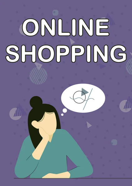 Conceptual caption Online Shopping. Business idea ecommerce which let the consumer buy goods using the Internet Illustration Of Lady Thinking Deeply Alone For New Amazing Tactical Ideas. — Stockfoto