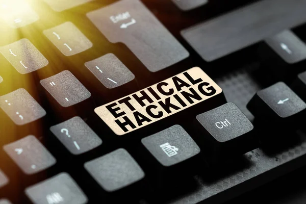Text sign showing Ethical Hacking. Business concept a legal attempt of cracking a network for penetration testing Writing Complaint On Social Media, Reporting Bad Online Behavior — Fotografia de Stock