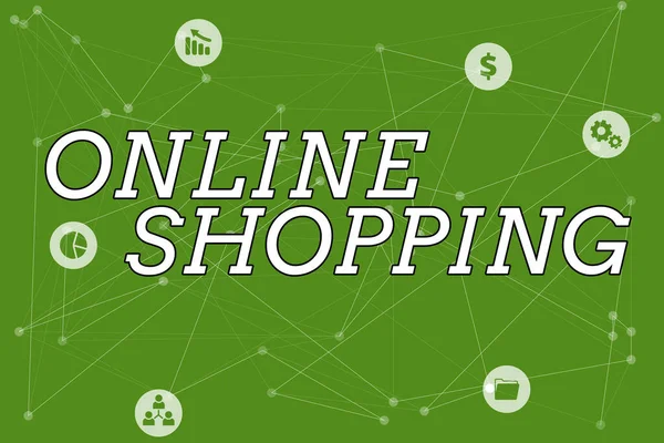Koncepcionális megjelenítés Online vásárlás. Üzleti megközelítés e-kereskedelem, amely lehetővé teszi a fogyasztó számára, hogy árut vásároljon az Internet Line Illusztrált háttér különböző formák és színek. — Stock Fotó