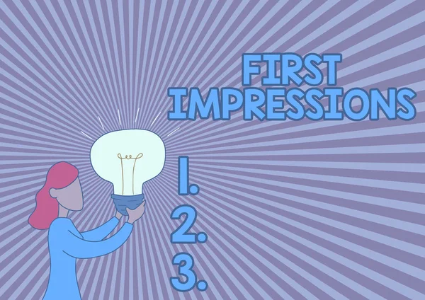 Inspiration showing sign First Impressions. Word for events when one person encounters another person Lady Standing Drawing Holding Light Up Showing New Ideas. — Stock Photo, Image