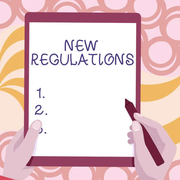 Text sign showing New Regulations. Business concept latest established laws enforced by government or authority Drawing Of Both Hands Holding Tablet Lightly Presenting Wonderful Ideas — Stockfoto