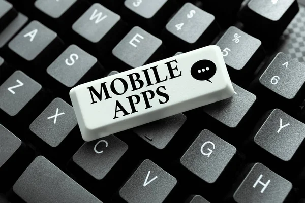 Writing displaying text Mobile Apps. Word Written on a software application designed to run on handheld devices Typing And Publishing Descriptions Online, Writing Informative Data — Stockfoto
