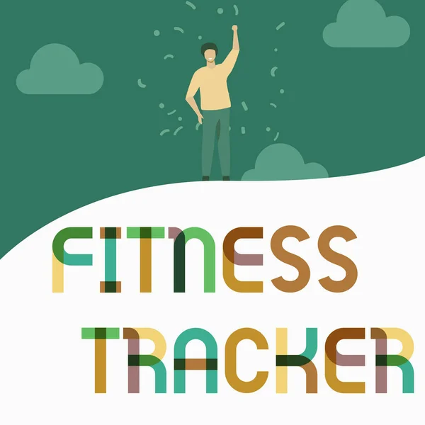 Hand writing sign Fitness Tracker. Business approach a monitoring device that records any healthrelated activity Man Drawing Raising Hand Sky Standing Hill Showing Success. — Stock Fotó