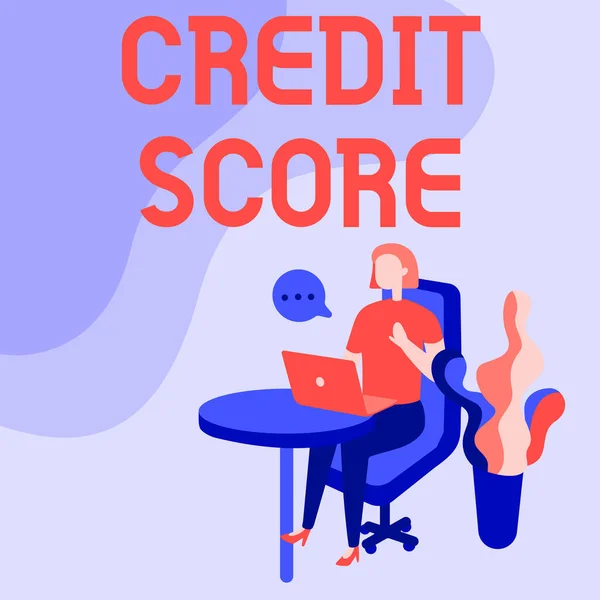 Texto de escritura a mano Credit Score. Idea de negocio expresión numérica que indica que una persona es solvencia Mujer sentada Escritorio de la oficina usando el ordenador portátil con la burbuja del habla al lado de la planta. —  Fotos de Stock