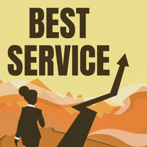 Text sign showing Best Service. Word for finest reviewed assistance provided by a system to its customer Lady Walking Towards Mountains With An Arrow Marking Success — Fotografia de Stock