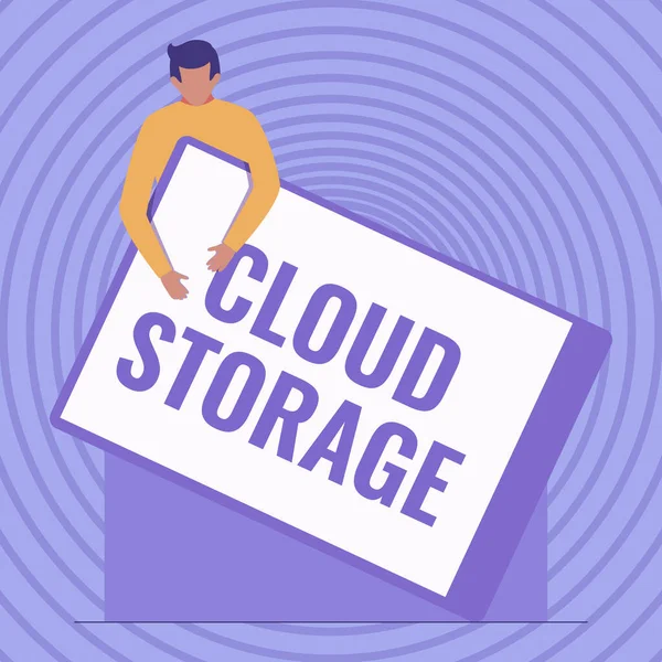 Zapisuje se zobrazení textu Cloud Storage. Obchodní nápad výpočty připojení zařízení k cloudovým datům na vzdáleném úložišti Gentleman Drawing Holding Obrovská prázdná schránka. — Stock fotografie