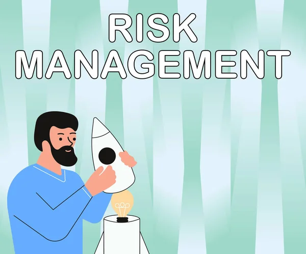 Sign displaying Risk Management. Business showcase assessing and controlling future threats to the business Illsutration Of Man Holding Rocketship Discovered Ideas Inside. — Stock Photo, Image