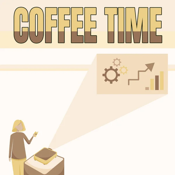 Podpis tekstowy przedstawiający czas kawy. Internet Concept wybrany okres, gdy filiżanka kawy jest podawana i pijana Pani stojąca trzymając projektor zdalnego sterowania przedstawiający wzrost wykresu. — Zdjęcie stockowe