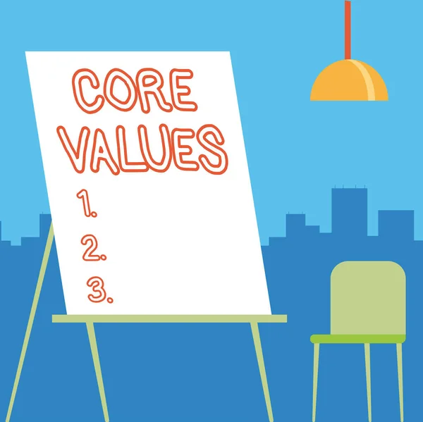 Text caption presenting Core Values. Business idea principles which guide and determine what is wrong and right Empty Portrait Artwork Design With Skyscrapers Behind Showing Art Subject. — Stockfoto