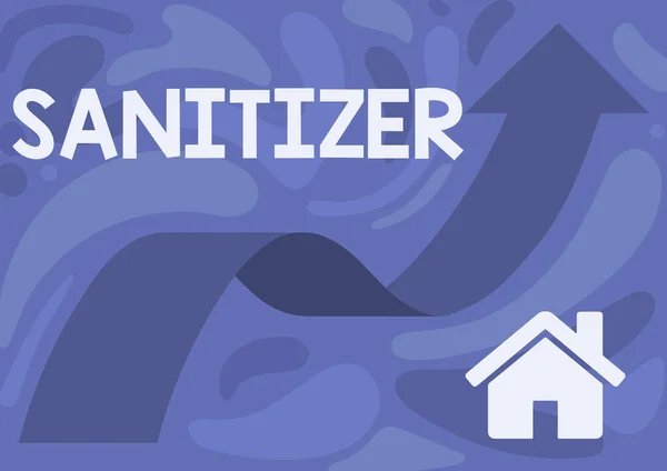 Εννοιολογική απεικόνιση Sanitizer. Επιχειρηματική προσέγγιση υγρό ή πηκτής που χρησιμοποιείται γενικά για τη μείωση μολυσματικών παραγόντων Εικόνα του βέλους που επιπλέουν ομαλά προς το υψηλό ουρανό. — Φωτογραφία Αρχείου