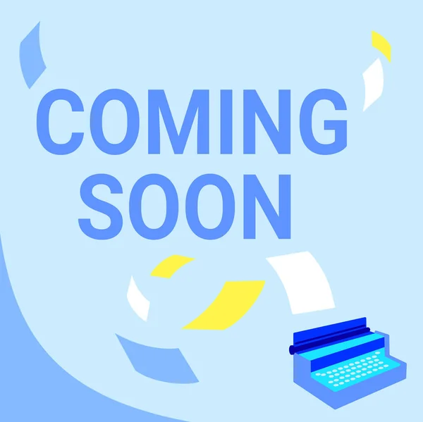 Sign displaying Coming Soon. Business idea an event that is bound to happen in the future or about to come Vintage Typewriter Drawing With Multiple Floating Papers. — Stockfoto