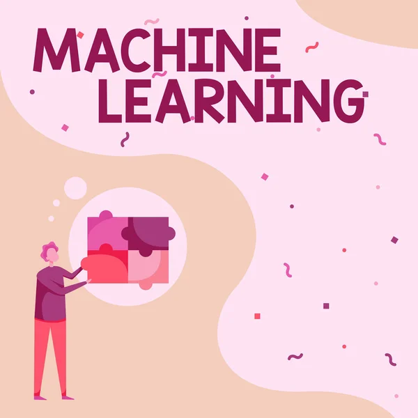 Conceptual caption Machine Learning. Business concept the concept that a computer can learn new data itself Man Drawing Standing Fitting Four Jigsaw Puzzle Pieces. — 图库照片