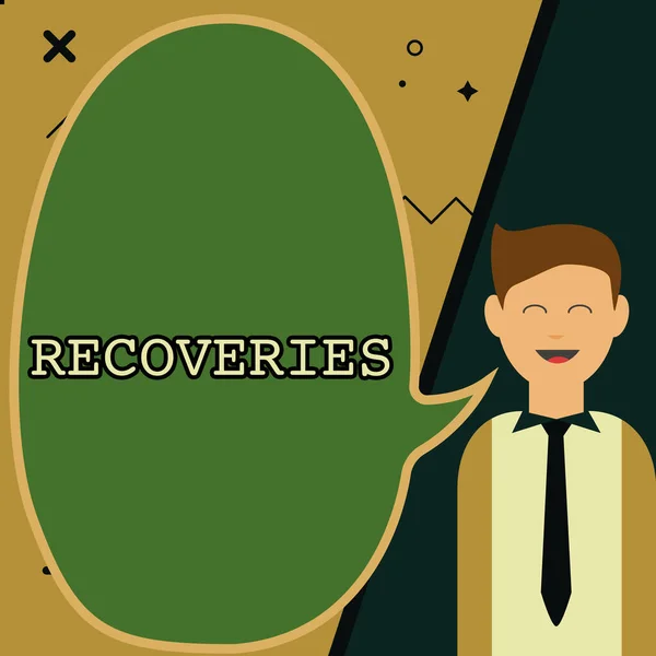 Text sign showing Recoveries. Word for process of regaining possession or control of something lost Illustration Of Businessman Presenting Ideas To Empty Chat Cloud. — Foto Stock