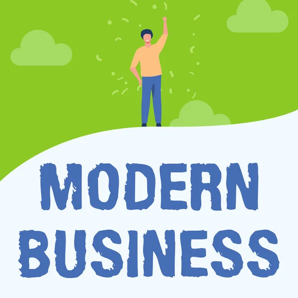 Conceptual display Modern Business. Business showcase recent business incorporated with newlyintroduced concepts Man Drawing Raising Hand Sky Standing Hill Showing Success. — Fotografia de Stock