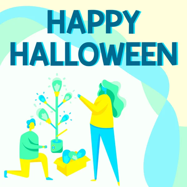 Conceptual display Happy Halloween. Conceptual photo a day related with scary aspect, haunted house, and a candy Man And Woman Drawing Standing Kneeling Assembling Light Bulb Tree. — Stockfoto