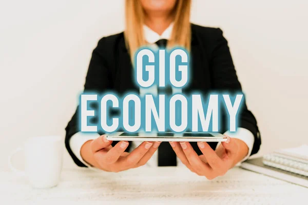 Inspiration showing sign Gig Economy. Word Written on a market system distinguished by shortterm jobs and contracts App Developer Presenting New Program, Displaying Upgraded Device — Stockfoto