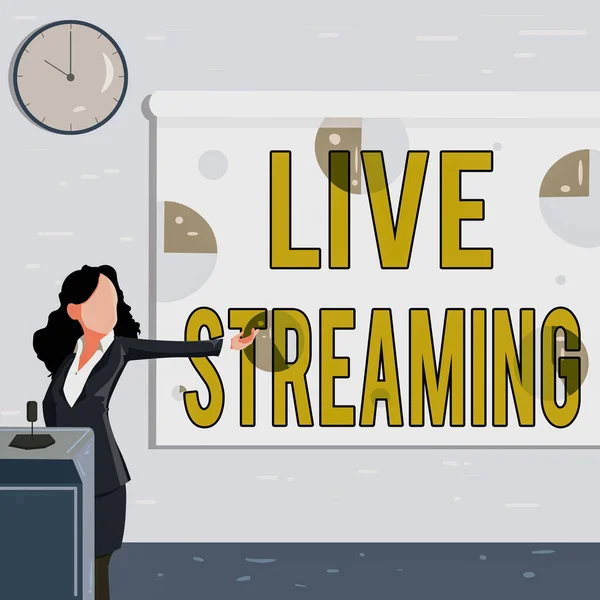 Handwriting text Live Streaming. Internet Concept displaying audio or media content through digital devices Lady Drawing Standing Holding Projector Remote Control Presenting Pie Charts — стоковое фото