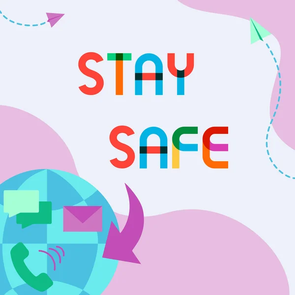 Text sign showing Stay Safe. Business concept secure from threat of danger, harm or place to keep articles Internet Network Drawing With Colorful Messaging S. — Stock Fotó